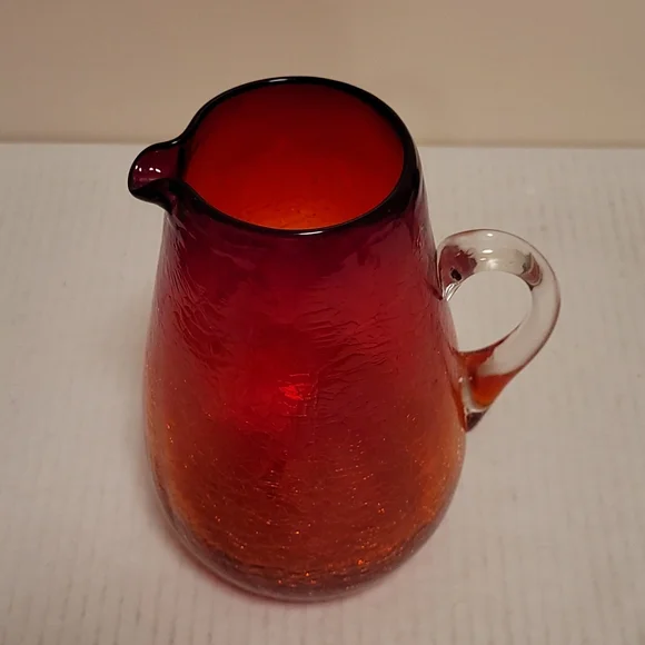 Vintage Hand Blown Ruby Red Crackled Glass Pitcher - Picture 3 of 16